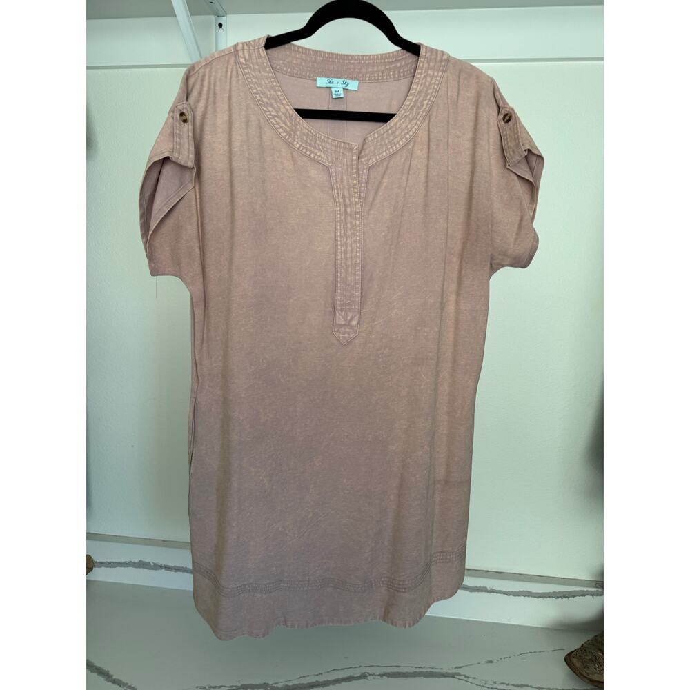 She + Sky Dusty Rose Midi Dress with Buttoned Short Sleeves